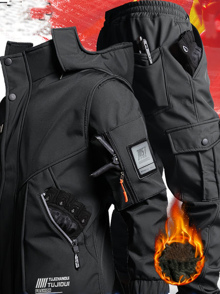 Men'S Thick Fleece Winter Warm Set, Workwear Casual Jacket with Hooded Zipper, Multi-Pocket Jacket, Casual Autumn Winter Men'S Jacket, Long Pants, Fleece Set, Warm Outdoor Hiking, Wear-Resistant