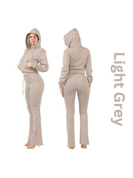 ZIPLORE Women'S Cropped Zip Hoodie and High-Waisted Bell Bottom Trousers Lounge Set for Casual, Athleisure & Streetwear - Suits, Womenswear Long Sleeve Minimalist Suits Womenswear Comfort Adjustable Clothing Drawstring Elegant Everyday Chic Loungewear Mat