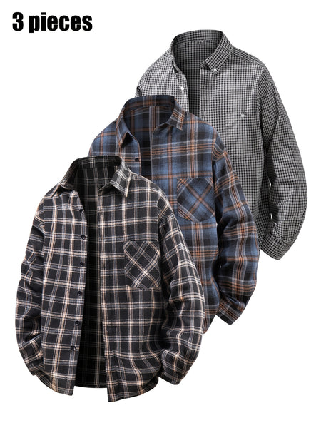 3pcs Set - Men'S Spring/Autumn Collared Checkered Shirt Youth Outdoor Casual Trendy Top Men'S Fashion Versatile Jacket