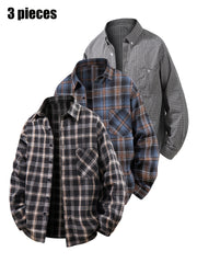 3pcs Set - Men'S Spring/Autumn Collared Checkered Shirt Youth Outdoor Casual Trendy Top Men'S Fashion Versatile Jacket