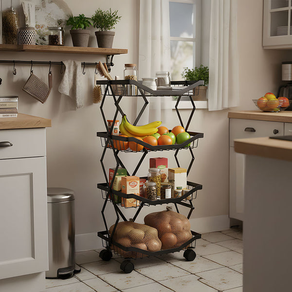 Foldable Kitchen Organizer Cart with 360° Rotating & Multi-Tier Shelves, Large Capacity Metal Vegetable Cart & Organiser - Portable, Space-Saving Storage for Pantry, Utility Room & Kitchen