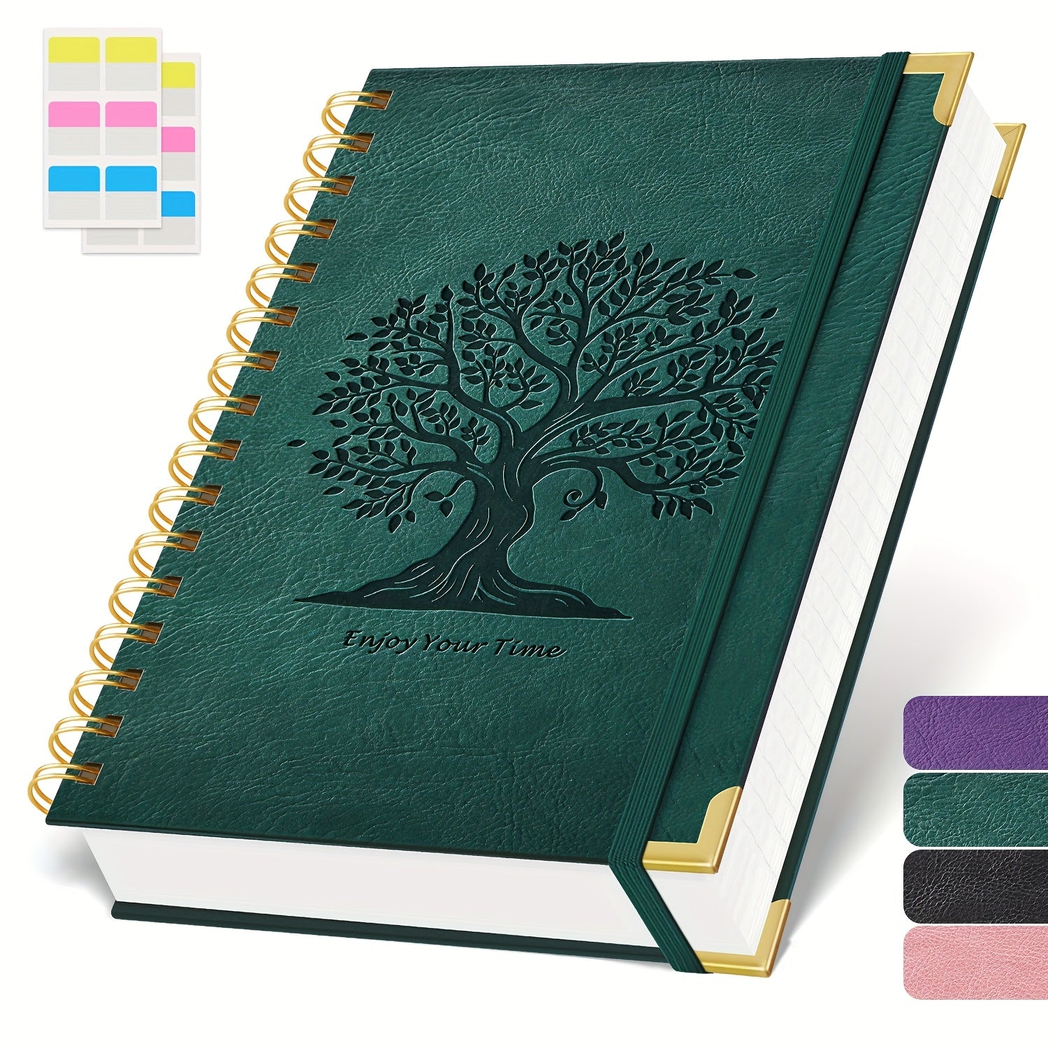 Notebook Notepad A5, 300 Pages Wirebound Spiral Notebook, 100GSM Thick Paper, No Bleed, Leather Cover Journal with Tree Design & Golden Spiral Binding, Perfect for School Writing, 16.5 X 21cm