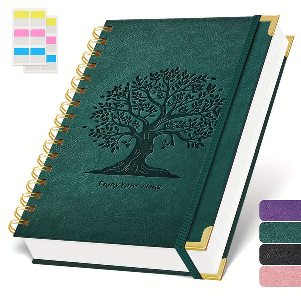 Notebook Notepad A5, 300 Pages Wirebound Spiral Notebook, 100GSM Thick Paper, No Bleed, Leather Cover Journal with Tree Design & Golden Spiral Binding, Perfect for School Writing, 16.5 X 21cm