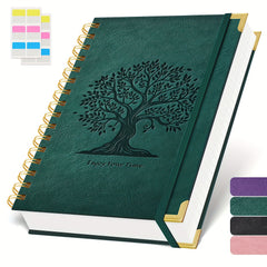 Notebook Notepad A5, 300 Pages Wirebound Spiral Notebook, 100GSM Thick Paper, No Bleed, Leather Cover Journal with Tree Design & Golden Spiral Binding, Perfect for School Writing, 16.5 X 21cm