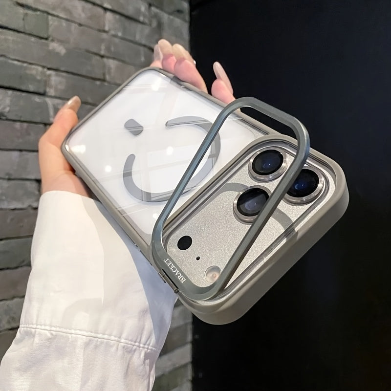 Phone Case: Luxury Magnetic Phone Case with Metal Camera Stand, Clear Transparent Shockproof Cover with Detachable Lens Film, Compatible for iPhone 17 Pro Max/16/15/14/13 Series