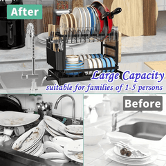 Premium 2-Tier Heavy-Duty Rustproof Dish Drying Rack with Drainboard & Utensil Holder - Space-Saving Kitchen Organizer with Upper & Lower Shelves, Dishwasher-Safe Design, Compact Countertop Storage for Plates, Bowls, Pots, Pans, Utensils - Sturdy Black Fr