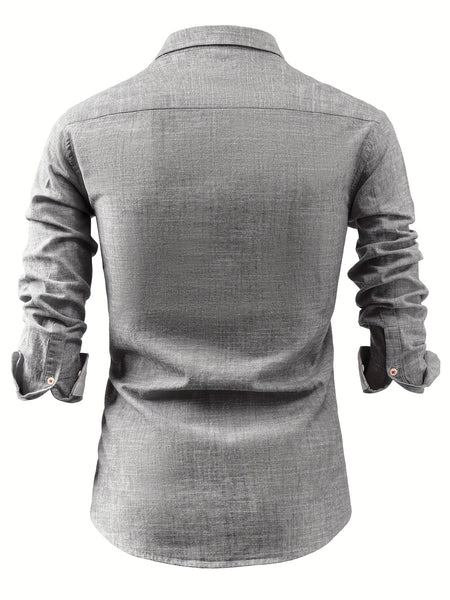 Linen Men'S Casual Shirt Long Sleeve Linen Solid Color Breathable Fashion Men'S Top Blouse Retro Open Front with Pockets