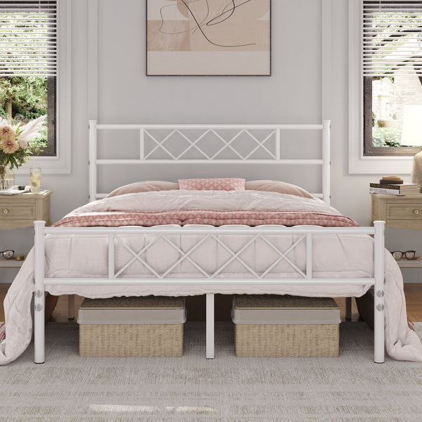 Costoffs Bed Frame, Simple Metal Bed Frame, Metal-Framed Bed Base with Storage, Bed Foundation for Small Space, Easy Assembly Bed Foundation with Cross-design Headboard and Footboard for Bedrooms, Single/Double/king, Black/White/Pink