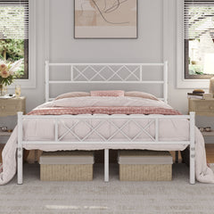 Costoffs Bed Frame, Simple Metal Bed Frame, Metal-Framed Bed Base with Storage, Bed Foundation for Small Space, Easy Assembly Bed Foundation with Cross-design Headboard and Footboard for Bedrooms, Single/Double/king, Black/White/Pink