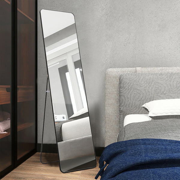 Full Length Mirror 147x37cm Aluminium Alloy Standing/Wall Rectangular Floor Mirror for Bedroom, Hallway & Dressing Room Lean, Hang or Mount (Black)