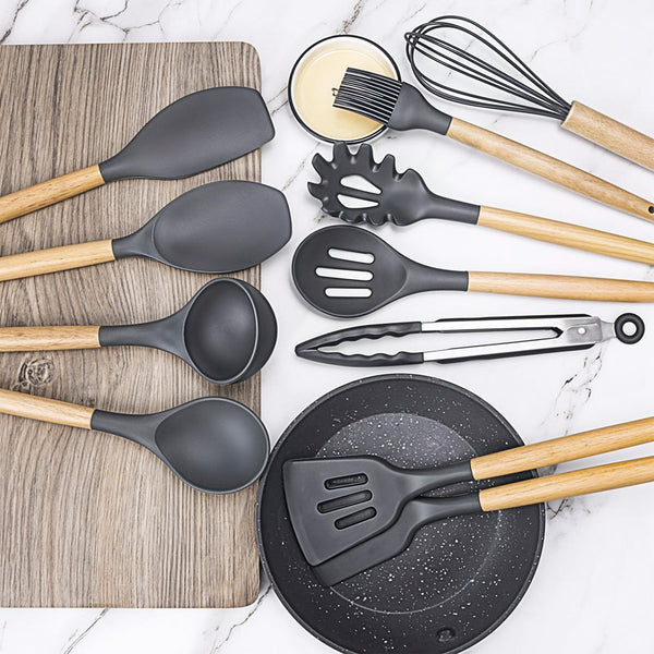 Kitchen Utensil Set, 11pcs Silicone Cooking Utensils Set With Wooden Handle, Nonstick Cookware Tongs Spatula Spoon Set, Best Kitchen Tools, Valentine'S Day Gifts Black, Holiday Gift Guide