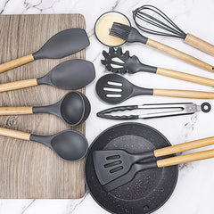 Kitchen Utensil Set, 11pcs Silicone Cooking Utensils Set With Wooden Handle, Nonstick Cookware Tongs Spatula Spoon Set, Best Kitchen Tools, Valentine'S Day Gifts Black, Holiday Gift Guide