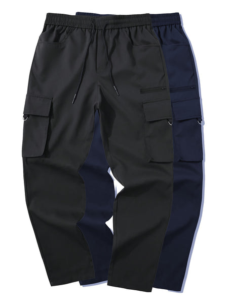 Men's 2pcs Cargo Pants with Drawstring Waist and Multiple Pockets, Suitable for Outdoor Casual Wear