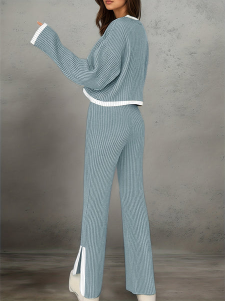 Women'S Short Color-Blocked Long-Sleeve Top with Solid Color Pants, a Casual And Stylish Outfit for Christmas