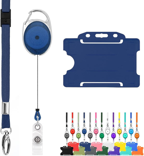 Retractable Lanyard and Badge Holder Trio Triple Pack by Lanyardstomorrow - Set Includes a Single Plain Lanyard, Extendable Carabiner Yoyo Reel Clip and Rigid ID Card Holder (Black)
