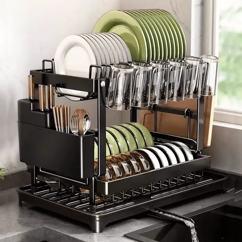 Premium 2-Tier Heavy-Duty Rustproof Dish Drying Rack with Drainboard & Utensil Holder - Space-Saving Kitchen Organizer with Upper & Lower Shelves, Dishwasher-Safe Design, Compact Countertop Storage for Plates, Bowls, Pots, Pans, Utensils - Sturdy Black Fr