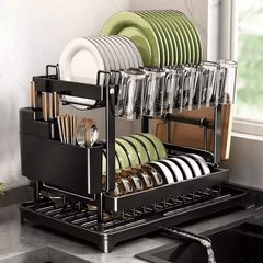 Premium 2-Tier Heavy-Duty Rustproof Dish Drying Rack with Drainboard & Utensil Holder - Space-Saving Kitchen Organizer with Upper & Lower Shelves, Dishwasher-Safe Design, Compact Countertop Storage for Plates, Bowls, Pots, Pans, Utensils - Sturdy Black Fr