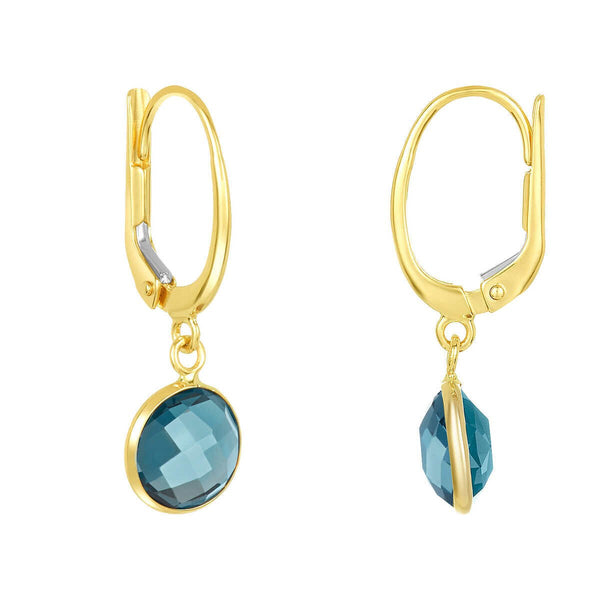 Round Cut London Blue Topaz Earrings, 14Ct Yellow Gold
