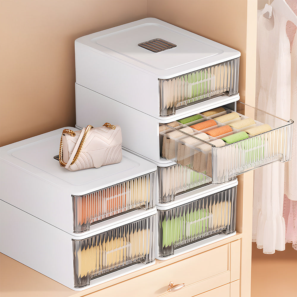 1pc Closet Storage System - Modular Stackable Bin with Dividers, 35x26x12cm Acrylic Organizer for Underwear, Accessories, 3 Styles (Open/12-Section/18-Section)