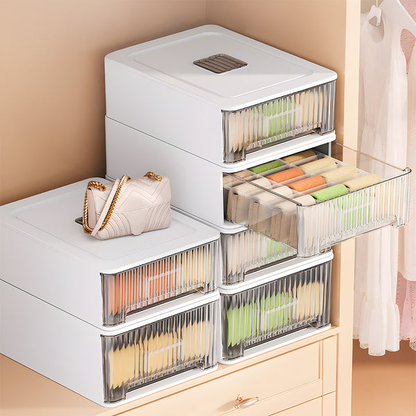 1pc Closet Storage System - Modular Stackable Bin with Dividers, 35x26x12cm Acrylic Organizer for Underwear, Accessories, 3 Styles (Open/12-Section/18-Section)