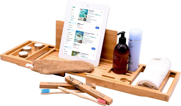 Bamboo Bath Tray, Luxury Extendable Caddy, Glass, Book, Tablet & Phone Holders - Adjustable for a Home Spa Experience