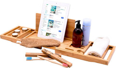 Bamboo Bath Tray, Luxury Extendable Caddy, Glass, Book, Tablet & Phone Holders - Adjustable for a Home Spa Experience
