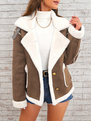Women's Elegant Lapel Collar Plush Jacket with White Fur-Like Trim - Winter Warm Coat, Structured Fit Front Button Closure, Hand Washable Outerwear for Daily Travel & Holiday Outfits (Solid Color, Autumn/Winter) - Versatile Casual to Semi-Formal Wear