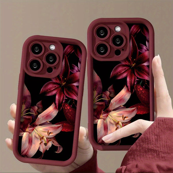 Phone Case: Phone Case - Dark Aesthetic Premium Wine Red Lily Pattern Phone Case with Water Droplets for iPhone 17 Air/16/15/14/13/12/11/Plus/Pro/Pro Max and Galaxy S, A Series.Gift for Friends, Boys, Girls or Family.