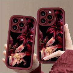Phone Case: Phone Case - Dark Aesthetic Premium Wine Red Lily Pattern Phone Case with Water Droplets for iPhone 17 Air/16/15/14/13/12/11/Plus/Pro/Pro Max and Galaxy S, A Series.Gift for Friends, Boys, Girls or Family.