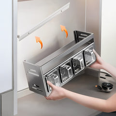 Double Layer Aluminum Spice Rack Condiment Rack, Wall-Mounted No-Drill Kitchen Organizer with 4-Drawer Spice Jars, Condiment Holder Set, Grey