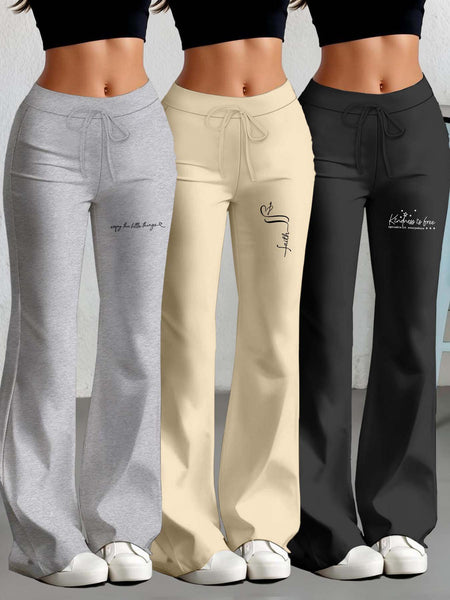 European and American Spring/Summer New Fashion Women's Bottoms: Flared Straight-Leg Pants with Classic English Text Print, Daily Casual Butt-Lifting Peach Butt Long Pants, Three-Piece Set