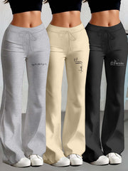 European and American Spring/Summer New Fashion Women's Bottoms: Flared Straight-Leg Pants with Classic English Text Print, Daily Casual Butt-Lifting Peach Butt Long Pants, Three-Piece Set
