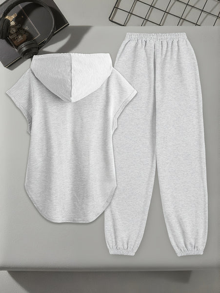 Women's Solid Color Suit, Polyester Fabric, Machine Washable, Casual and Loose Fit, Suitable for Going Out, Drawstring Sleeveless Hooded Sweatshirt, Trouser Suit.
