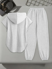 Women's Solid Color Suit, Polyester Fabric, Machine Washable, Casual and Loose Fit, Suitable for Going Out, Drawstring Sleeveless Hooded Sweatshirt, Trouser Suit.