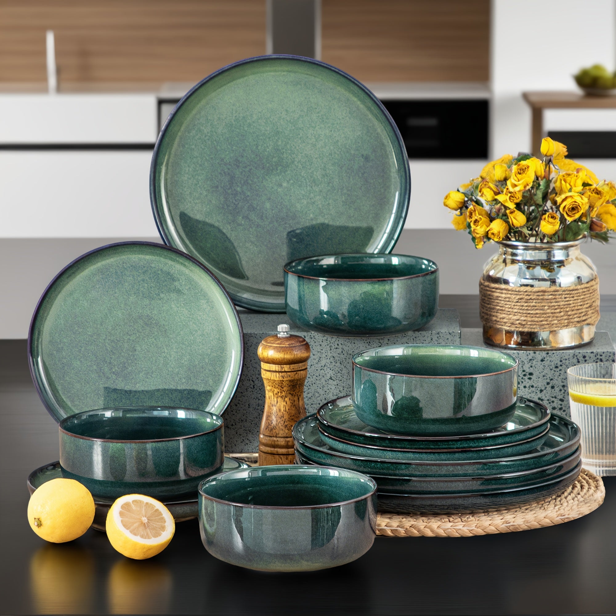 12pcs Reactive Glaze Dinnerware Set With Dinner Plate, Dessert Plate, And Cereal Bowl, Service For 4