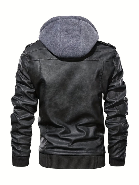 2907 Cross-Border New Double-Zipper Hooded Faux Leather Jacket Men'S Casual Fashion Motorcycle Jacket Men'S Korean Version Trendy Solid Color Coat Men