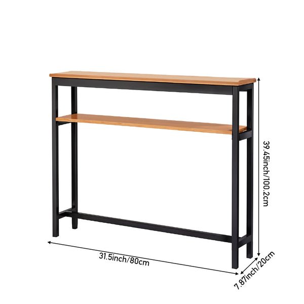 Minimalist Wooden Console Table - Slim Wall-Mounted Single/Double Tier Entryway Shelf with Carbon Steel Frame, Space-Saving Narrow Hallway Table, Bedroom/Living Room Table (80x20cm, MDF Wood + Black/White Metal)