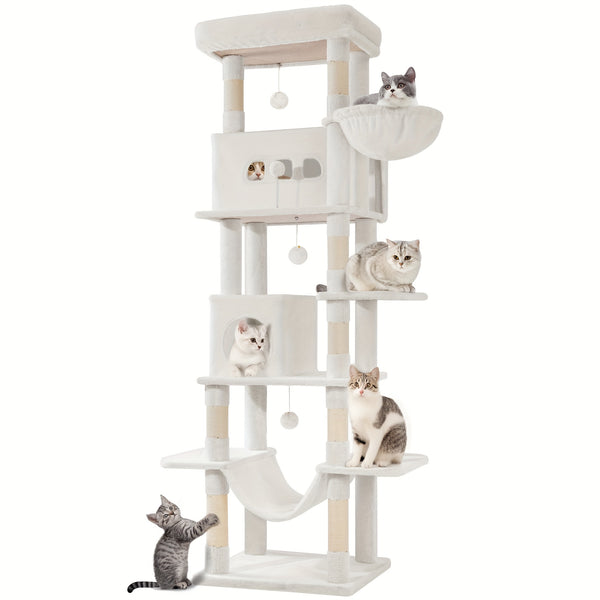 Cat Tree for Indoor Cats, 210cm Large Tall Cat Tower, Multi-Level Cats House with Condo, 8 Scratching Posts, Hammock, 4 Pom Poms