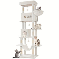 Cat Tree for Indoor Cats, 210cm Large Tall Cat Tower, Multi-Level Cats House with Condo, 8 Scratching Posts, Hammock, 4 Pom Poms