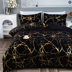 Gold Marble Print Quilt Cover and Pillowcase Bedding Set, Light Luxury High-end Creative Design Bedding Three-piece Set, 2 Pillowcases and 1 Quilt Cover, Soft and Comfortable Bed Three-piece Set for All Seasons, Black