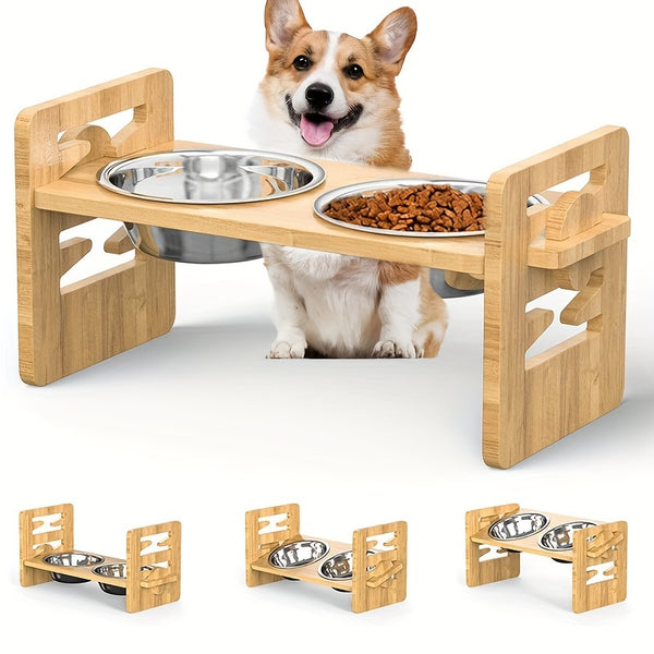 Stainless Steel Double Bowl Feeding Station with Non-Slip Bamboo Base - Ergonomic Design for Easy Access, Perfect for Dogs and Cats, Pet Feeding Station, Pet Food Storage, Modern Petware, Durable Petware