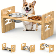 Stainless Steel Double Bowl Feeding Station with Non-Slip Bamboo Base - Ergonomic Design for Easy Access, Perfect for Dogs and Cats, Pet Feeding Station, Pet Food Storage, Modern Petware, Durable Petware