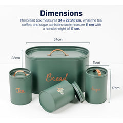 Kitchen Canister Set with Bread Bin (Green) | Metal Airtight Tea Coffee Sugar & Bread Canister with Silicone Seal | Kitchen Storage Set (4pcs) That Keep Edible Fresh for Longer