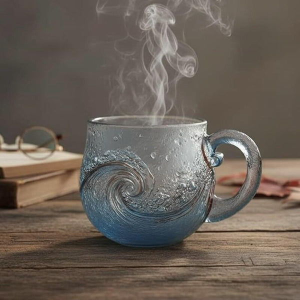 Sea Glass Wave Coffee Mug, 12oz Ocean Wave Glass Mug with Handle, Frosted Captivating Artistic Beach Theme Coffee Cups Gift for Ocean Lovers, Drinking Coffee, Tea, Wine, Cocktails