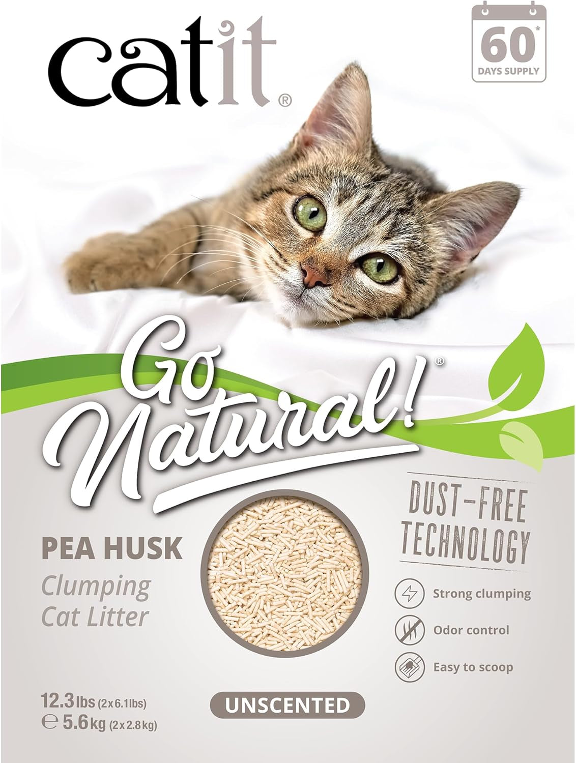 Catit Go Natural Unscented Pea Husk Clumping Cat Litter, Deodorising, 99.9% Dust-Free, Fast Clumping Cat Litter, Plant-Based Litter for Cats & Kittens, 5.6Kg