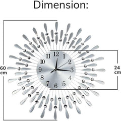 Crystals 60cm Large Metal Wall Clock – Luxury Sunburst Design, Handcrafted Diamante Beaded Clock for Living Room, Modern Decorative Wall Clock for Home & Office (Silver)