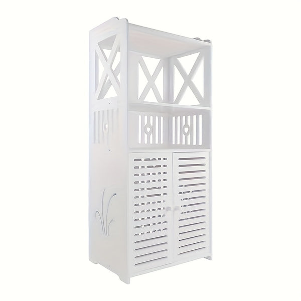 Bathroom Floor Cabinet Shelf FreeStanding Bathroom Storage Unit with Daily Use Layer And Cupboard Double Door, Multi-purpose PVC Cabinet for Store Toilet Paper, Shampoo, White 40x 25x 90cm
