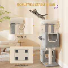 98 Cm Scratching Post, Cat Tree, Small Scratching Post, Multi-Storey Scratching Post with Perch, Cat House Furniture with 2 Caves, Sisal Cat Scratching Post, Hammock, Cave