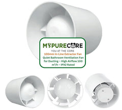 100mm In-Line Extractor Fan – Quiet Bathroom Ventilation Fan for Ducting – High Airflow 100 m³/h – IPX2 Rated ABS Housing – Ideal for Toilet, Kitchen, Home, Office & Commercial Use. Set by MYPURECORE