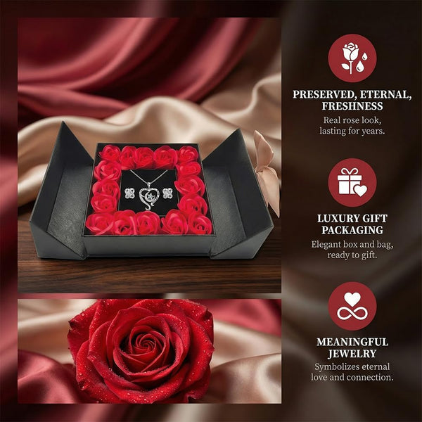 Eternal Flowers Rose Gift Box, Love You Necklace and Earring, Gifts for Women Mum Her, Artificial Rose Flowers for Women Girls for Birthday, Valentines Day, Christmas Silvery